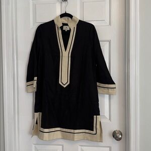 Tuckernuck Collins Caftan Mini Dress Sz S Black Tan Linen 3/4 Bell Sleeves NWOT